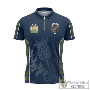 Adam Tartan Zipper Polo Shirt with Family Crest and Scottish Thistle Vibes Sport Style