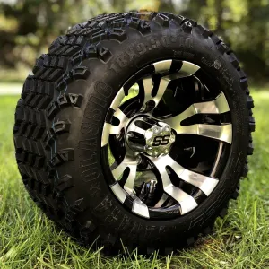 10" Vampire Black/Machined Aluminum Golf Cart Wheels and 18" All Terrain Off-Road Golf Cart Tires Combo - Set of 4  - 18" Tall (Fits all Carts!)