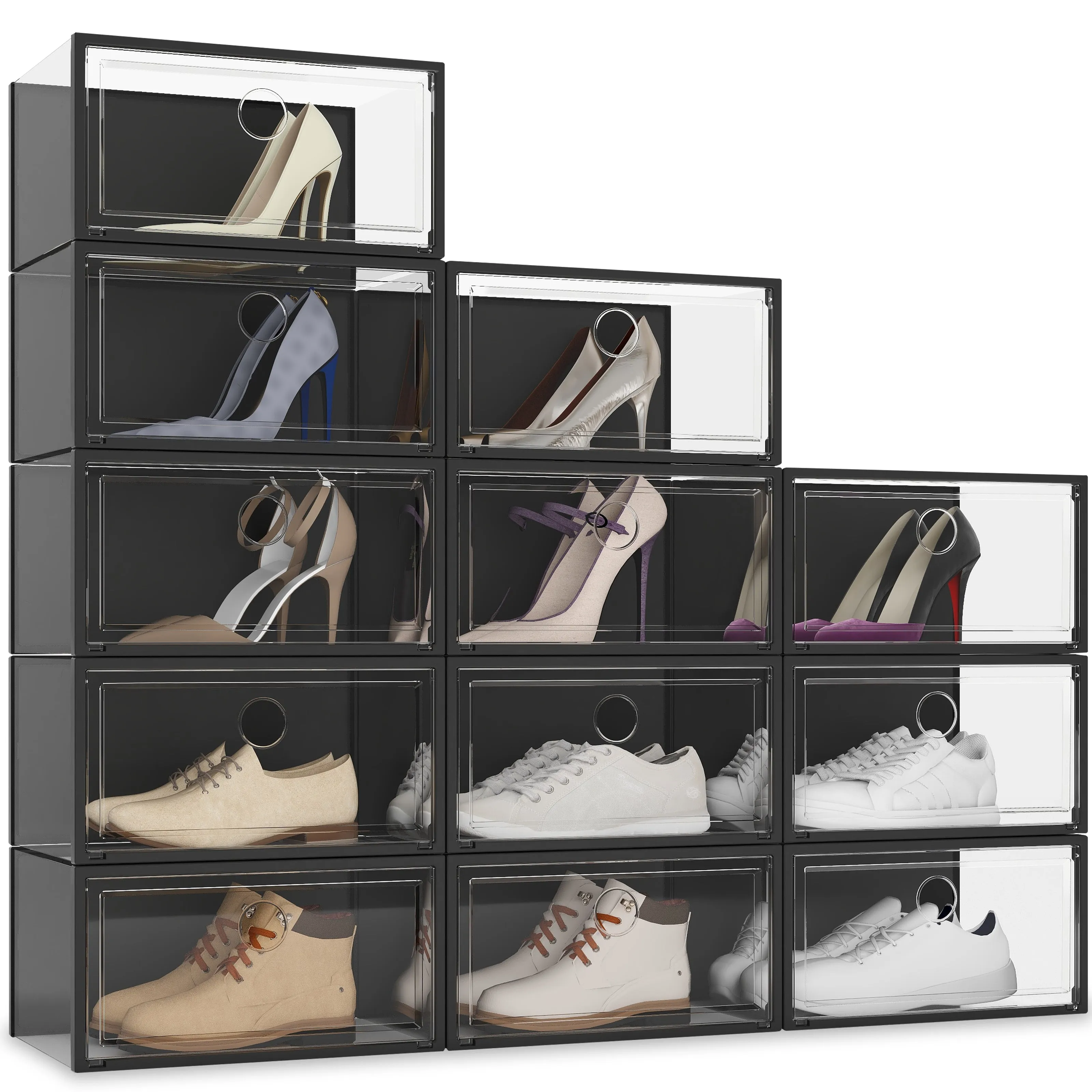 12 Pack Shoe Storage Box, Clear Plastic Stackable Shoe Organizer for Closet, X-Large Shoe Sneaker Containers Bins Holders Fit up to Size 13 (Black)