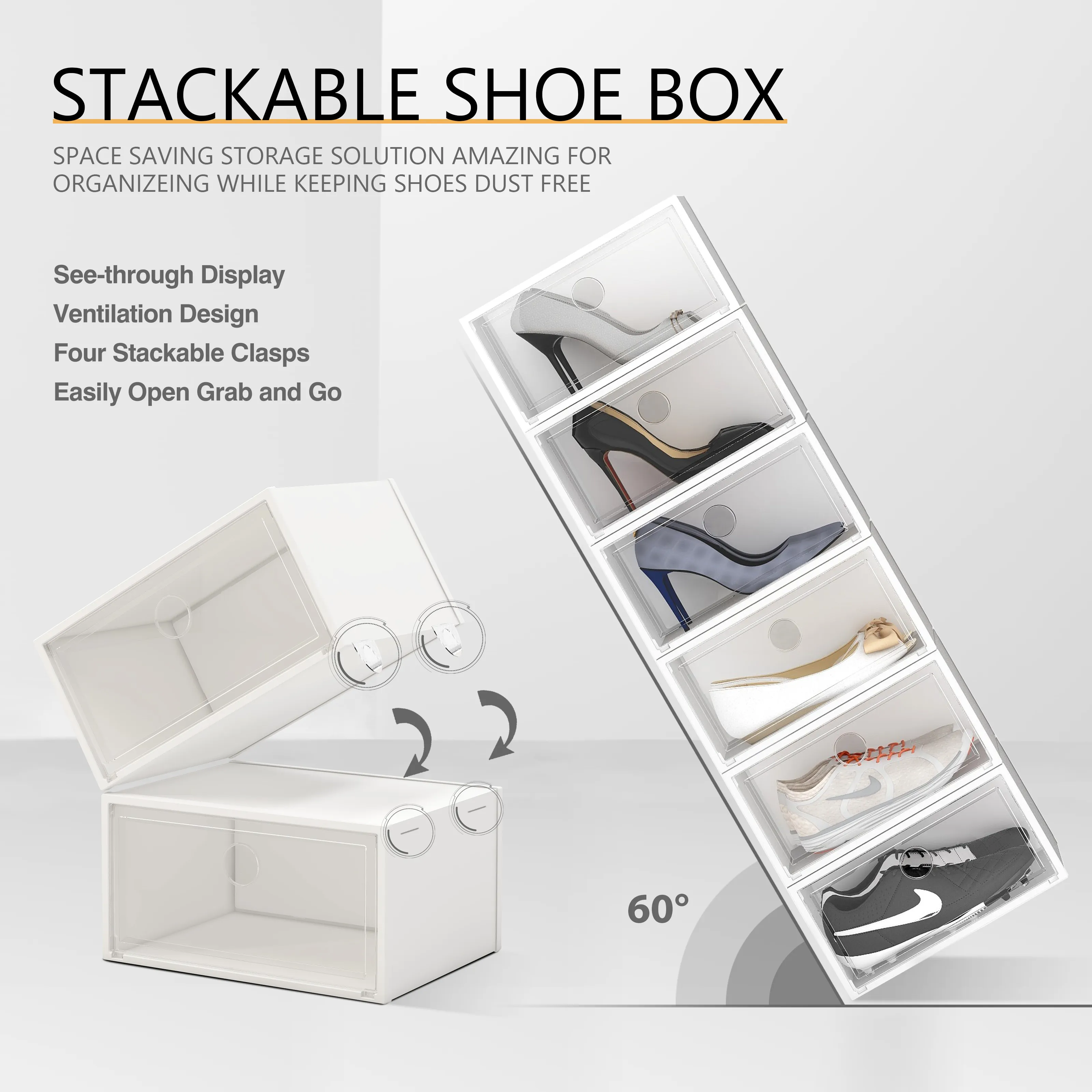 12 Pack Shoe Storage Box, Clear Plastic Stackable Shoe Organizer for Closet, X-Large Shoe Sneaker Containers Bins Holders Fit up to Size 13 (White)