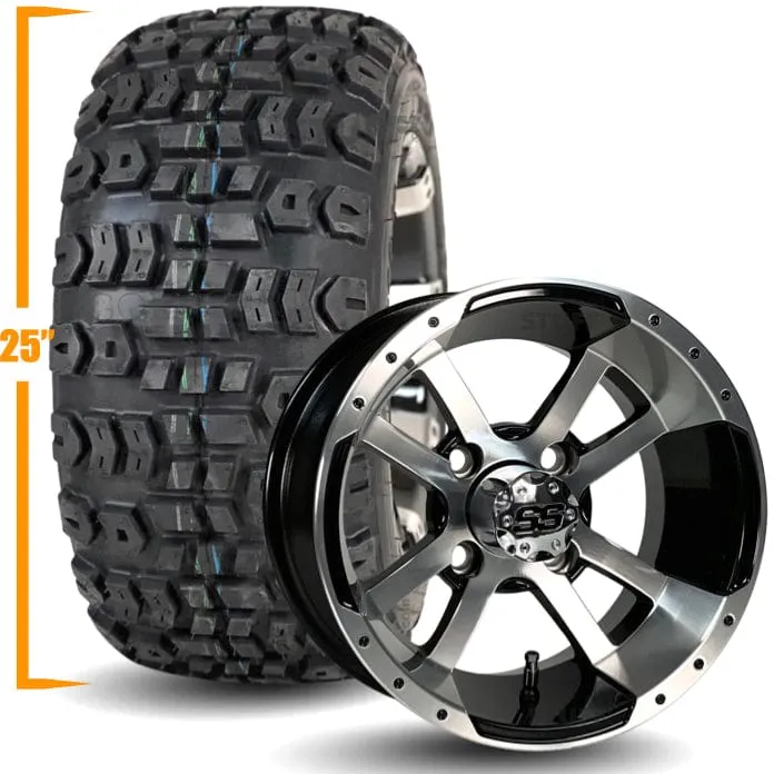 12" Golf Cart Wheels and 25x10-12 Kenda Terra Trac K502 Off Road Golf Cart Tires Combo - Set of 4 (Choose your wheel!)