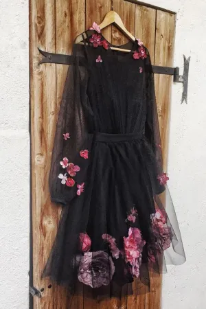 A Line Long Sleeves Black Homecoming Dress with Flowers, Cute Tulle Short Prom Dress UQ1858