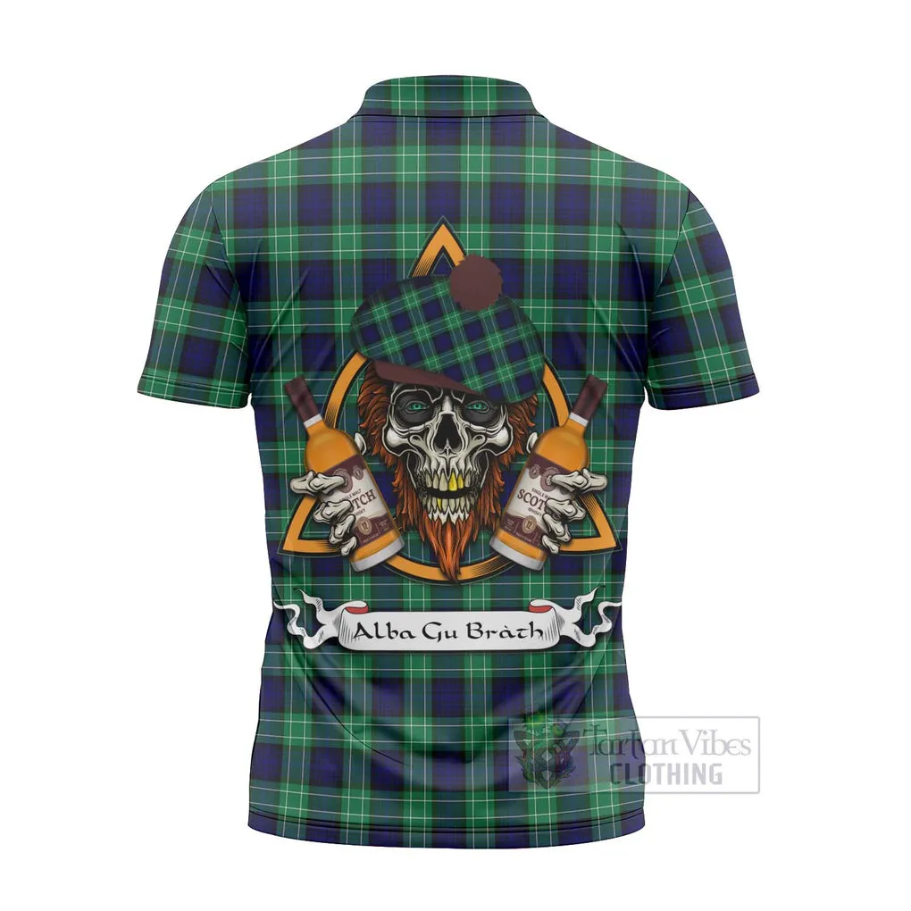 Abercrombie Tartan Zipper Polo Shirt with Family Crest and Bearded Skull Holding Bottles of Whiskey