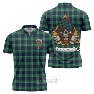 Abercrombie Tartan Zipper Polo Shirt with Family Crest and Bearded Skull Holding Bottles of Whiskey