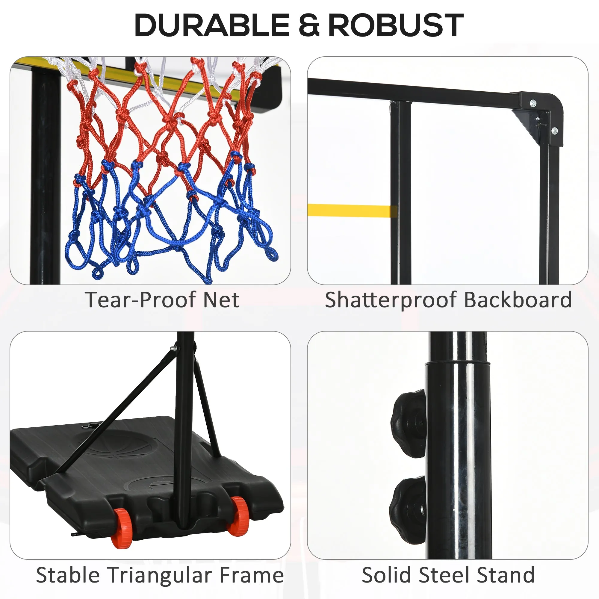 Adjustable Basketball Hoop and Stand w/ Wheels, 1.8-2.1m, Yellow