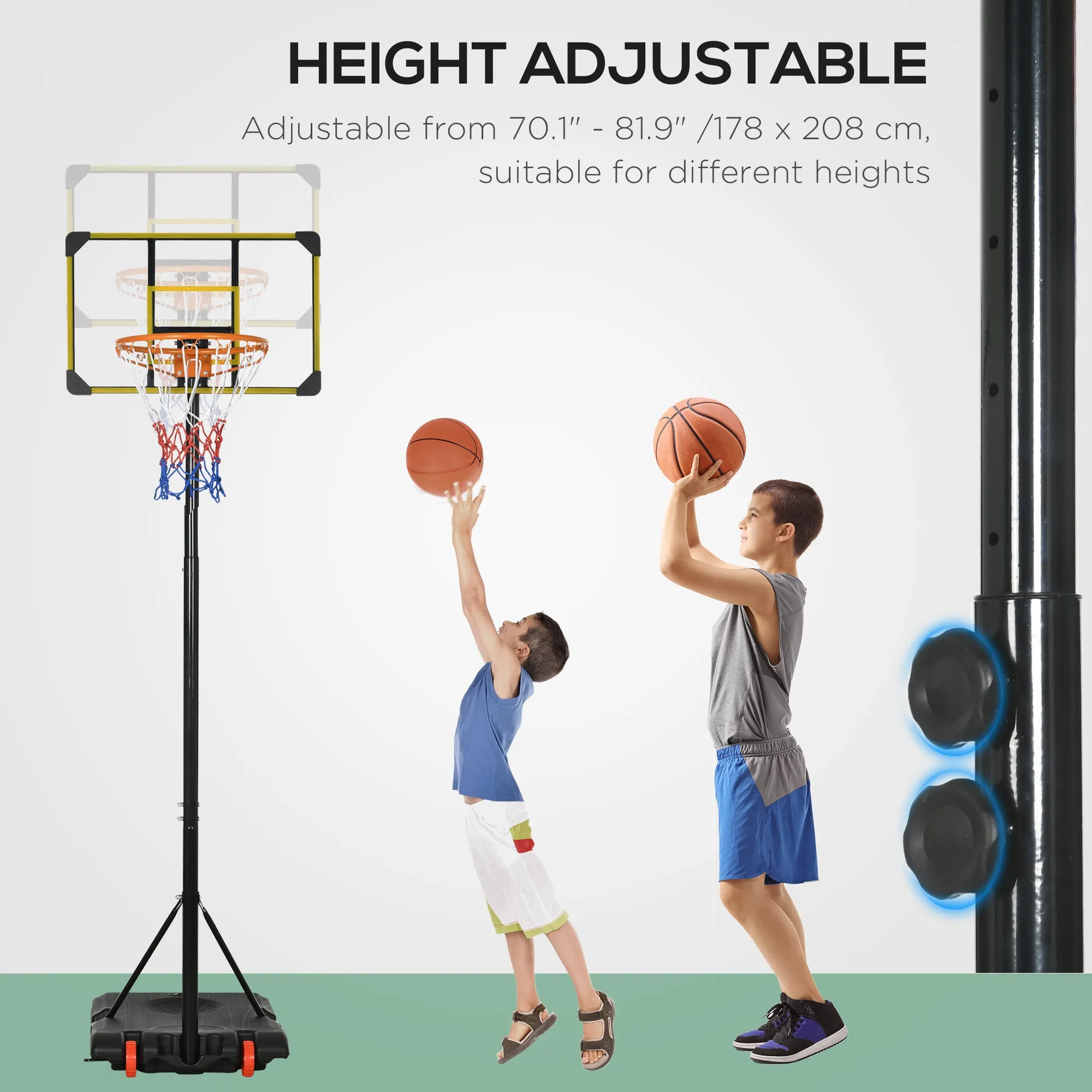 Adjustable Basketball Hoop and Stand w/ Wheels, 1.8-2.1m, Yellow