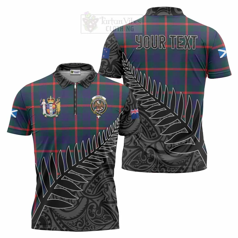 Agnew Crest Tartan Zipper Polo Shirt with New Zealand Silver Fern Half Style