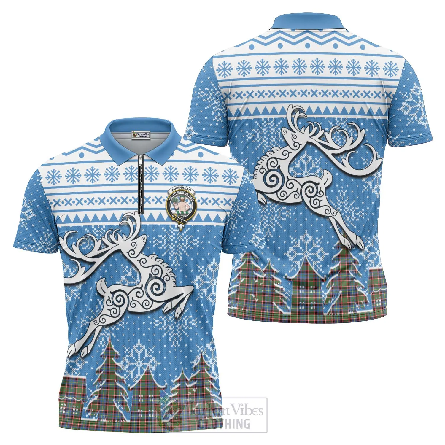 Aikenhead Clan Christmas Zipper Polo Shirt Celtic Reindeer Style