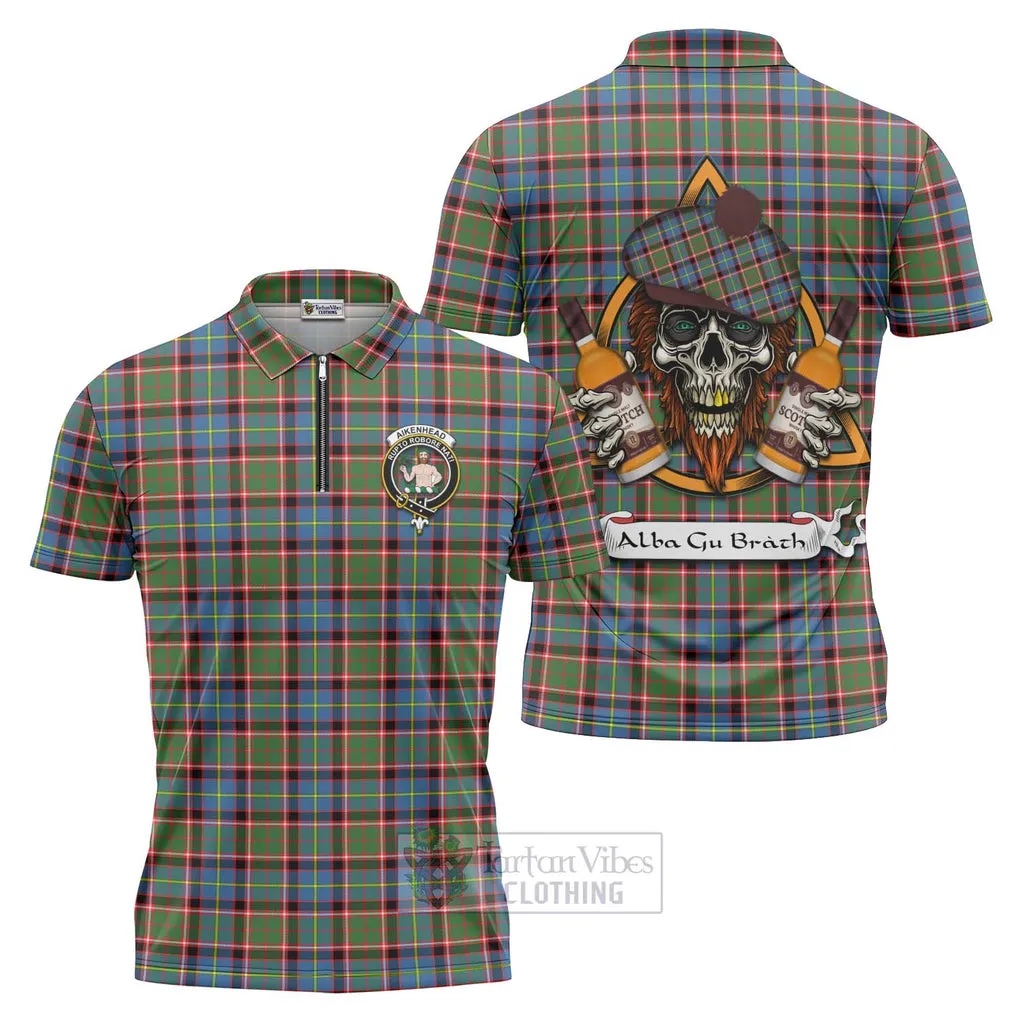 Aikenhead Tartan Zipper Polo Shirt with Family Crest and Bearded Skull Holding Bottles of Whiskey