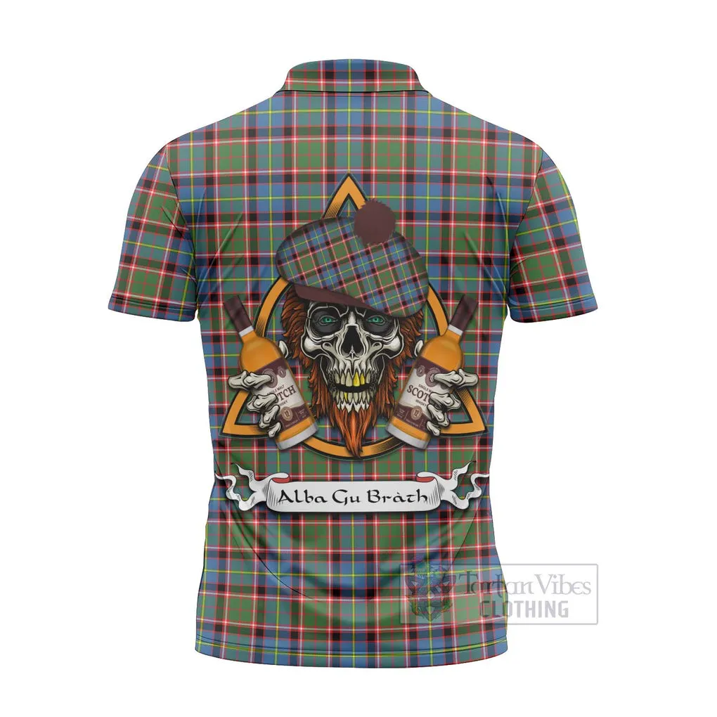 Aikenhead Tartan Zipper Polo Shirt with Family Crest and Bearded Skull Holding Bottles of Whiskey