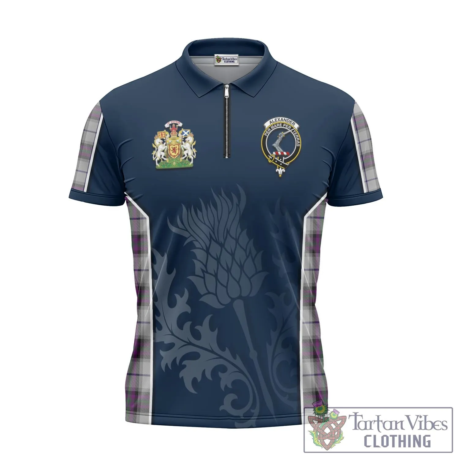 Alexander of Menstry Dress Tartan Zipper Polo Shirt with Family Crest and Scottish Thistle Vibes Sport Style