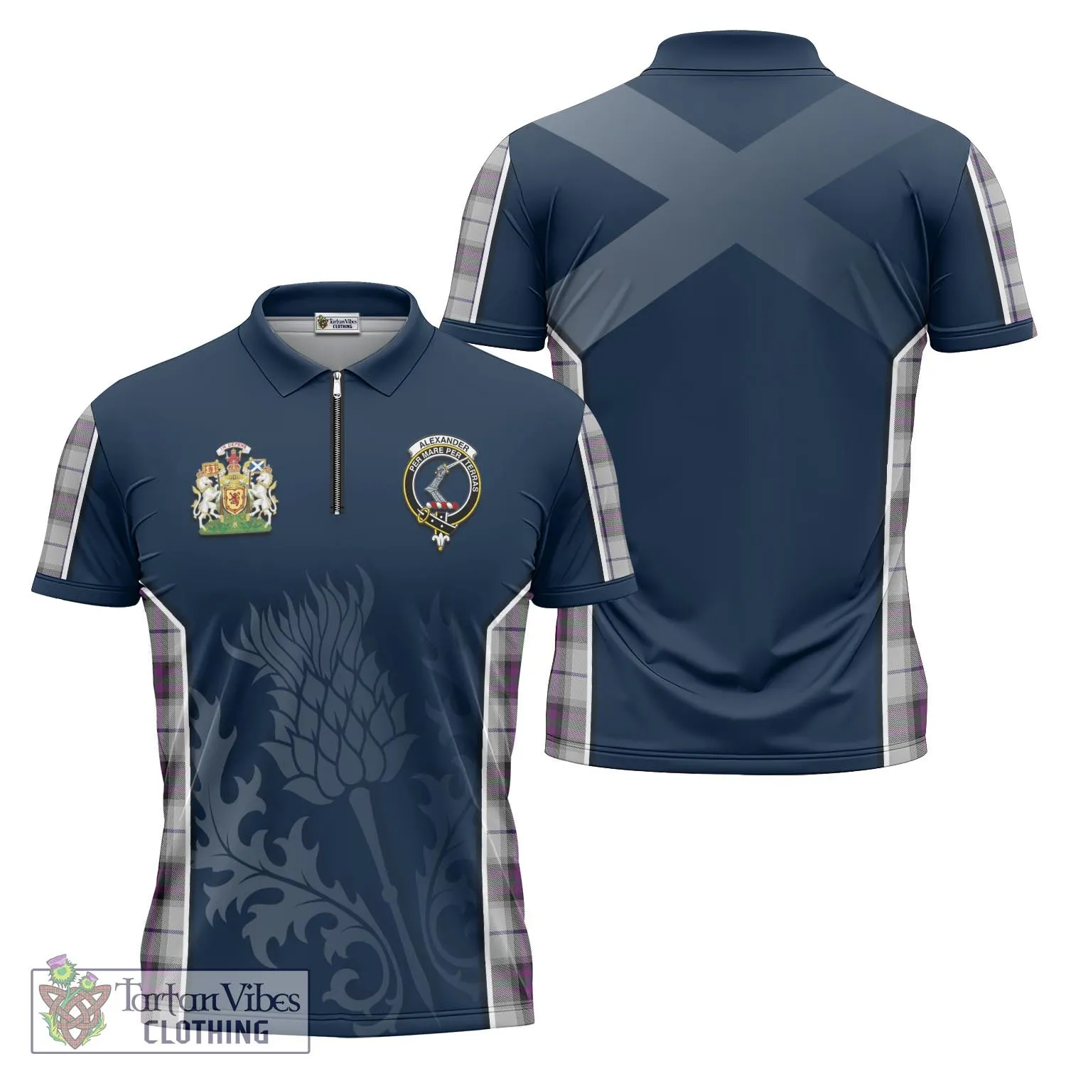 Alexander of Menstry Dress Tartan Zipper Polo Shirt with Family Crest and Scottish Thistle Vibes Sport Style