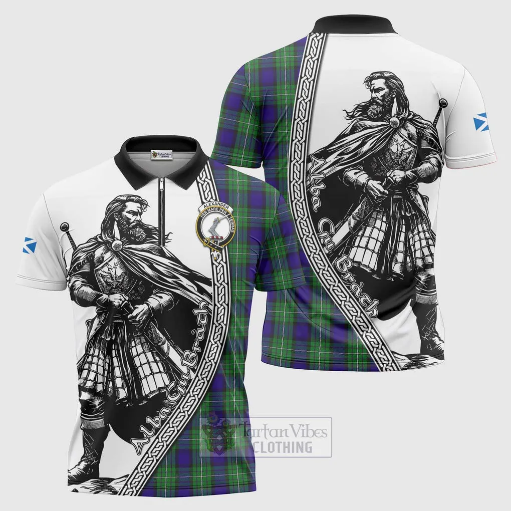 Alexander Tartan Clan Crest Zipper Polo Shirt with Highlander Warrior Celtic Style