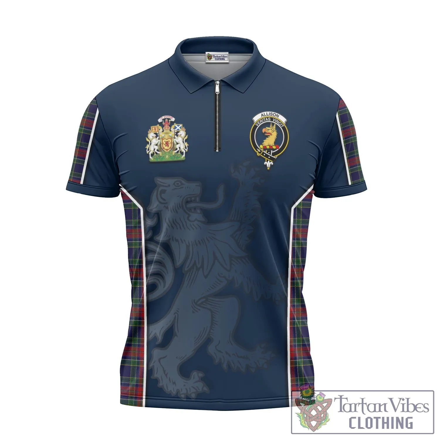 Allison Red Tartan Zipper Polo Shirt with Family Crest and Lion Rampant Vibes Sport Style