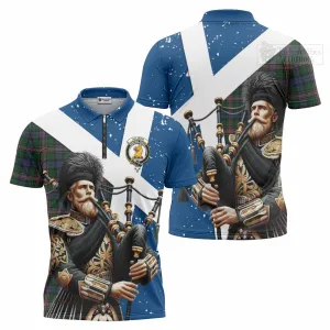 Allison Tartan Zipper Polo Shirt with Family Crest Scottish Bagpiper Vibes