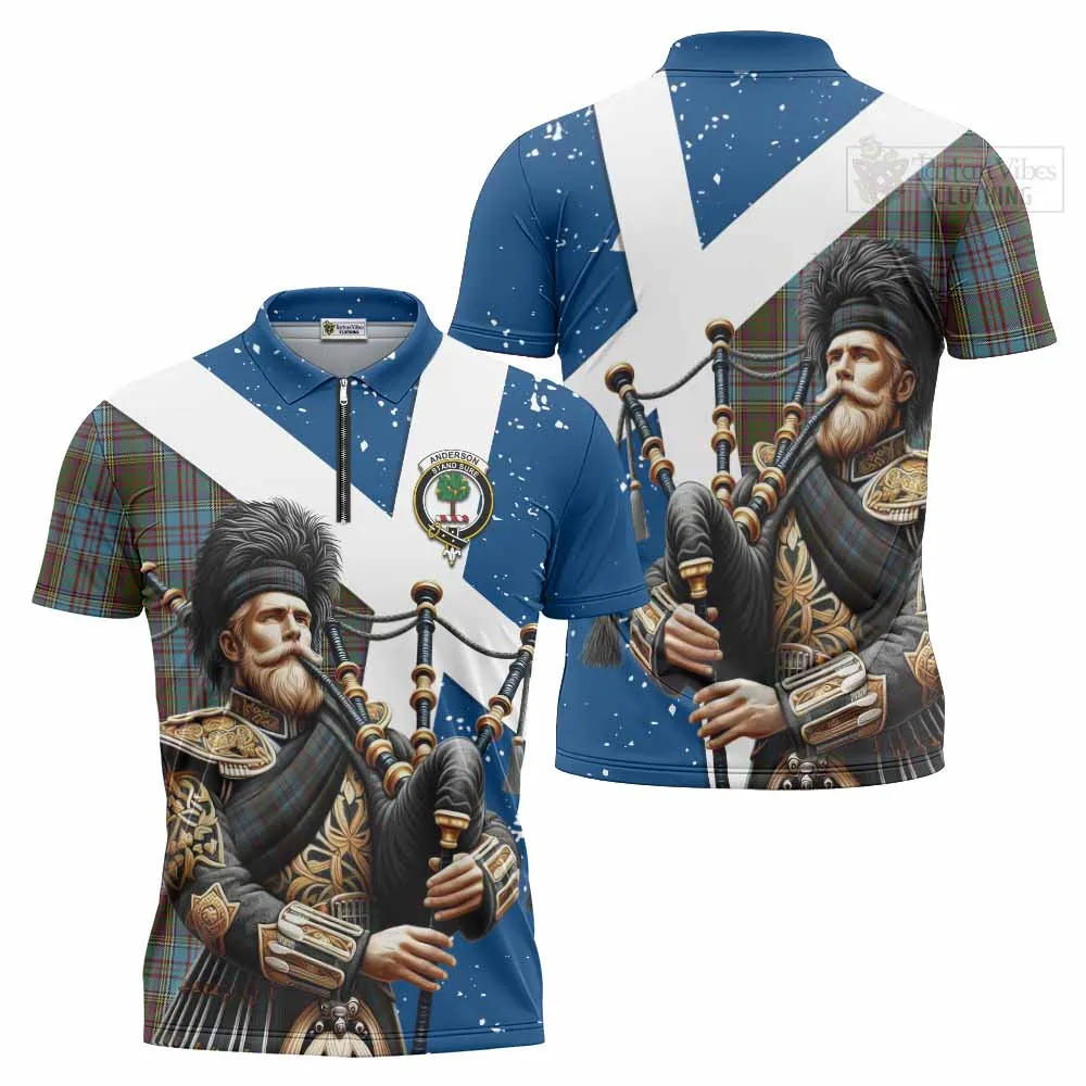 Anderson Tartan Zipper Polo Shirt with Family Crest Scottish Bagpiper Vibes