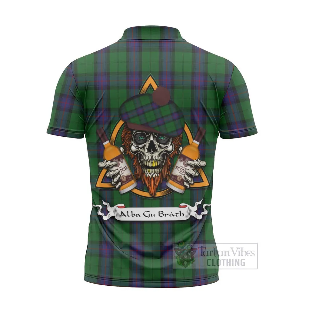 Armstrong Tartan Zipper Polo Shirt with Family Crest and Bearded Skull Holding Bottles of Whiskey