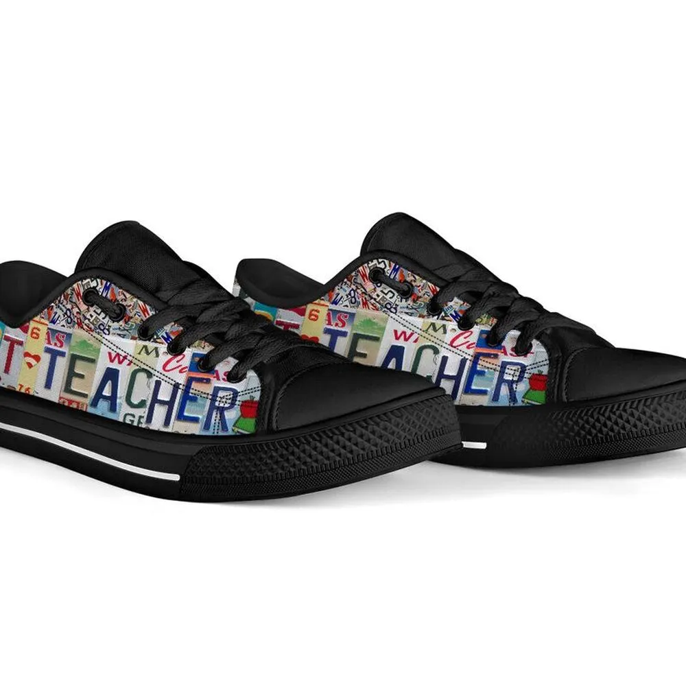 Art Teacher Love Teach License Plates Low Top Black Shoes, Teacher Shoes, Low Top Sneakers