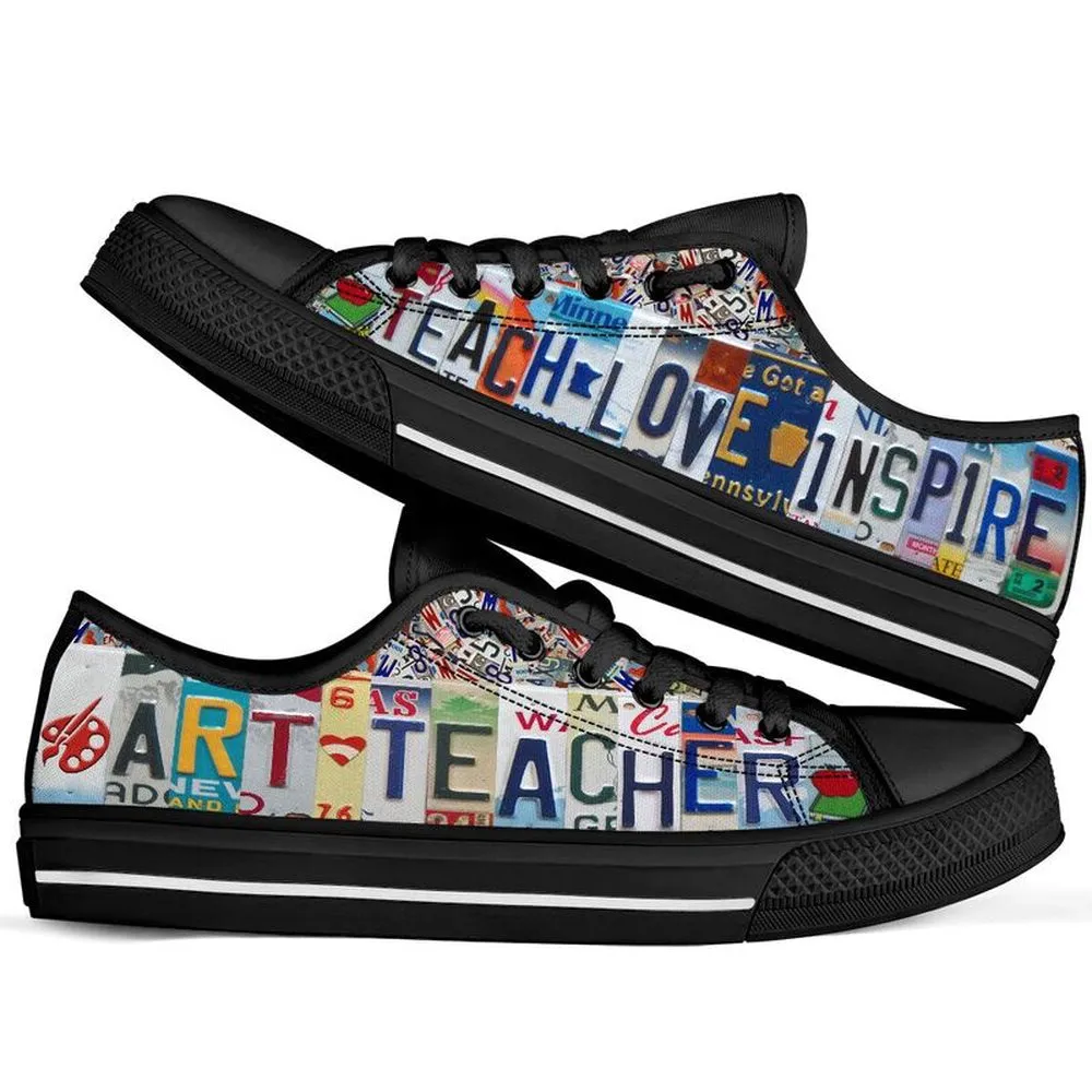 Art Teacher Love Teach License Plates Low Top Black Shoes, Teacher Shoes, Low Top Sneakers