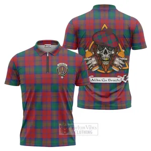 Auchinleck (Affleck) Tartan Zipper Polo Shirt with Family Crest and Bearded Skull Holding Bottles of Whiskey