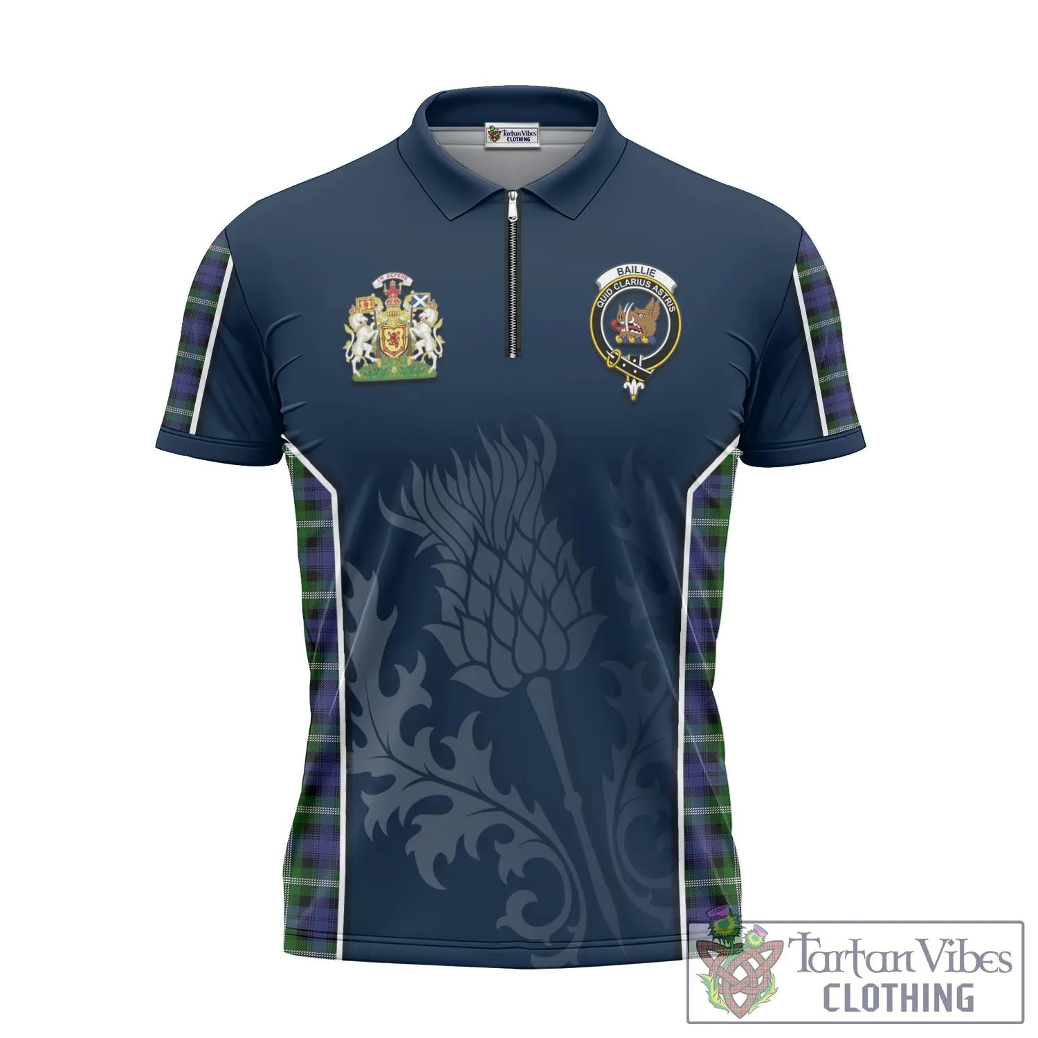 Baillie (Bailey) Tartan Zipper Polo Shirt with Family Crest and Scottish Thistle Vibes Sport Style