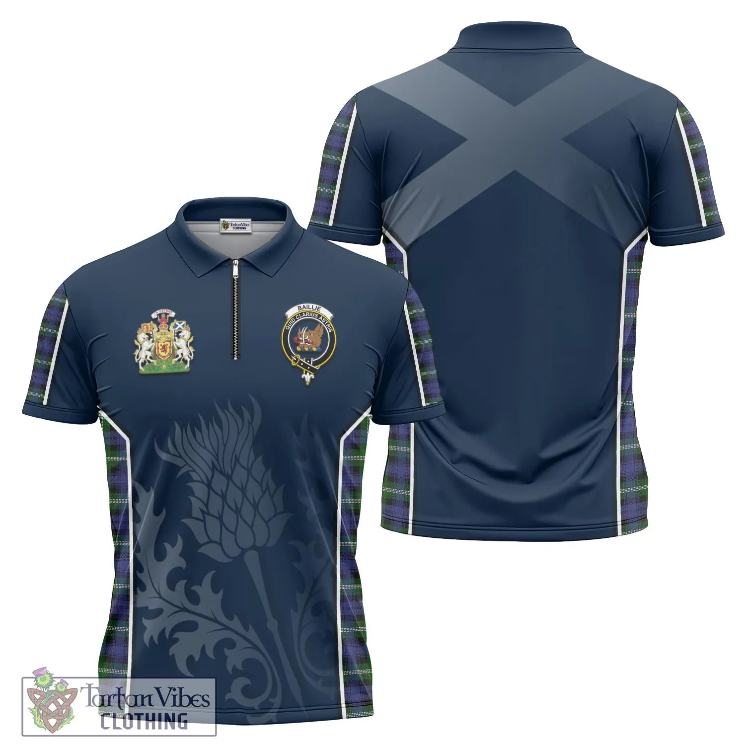 Baillie (Bailey) Tartan Zipper Polo Shirt with Family Crest and Scottish Thistle Vibes Sport Style