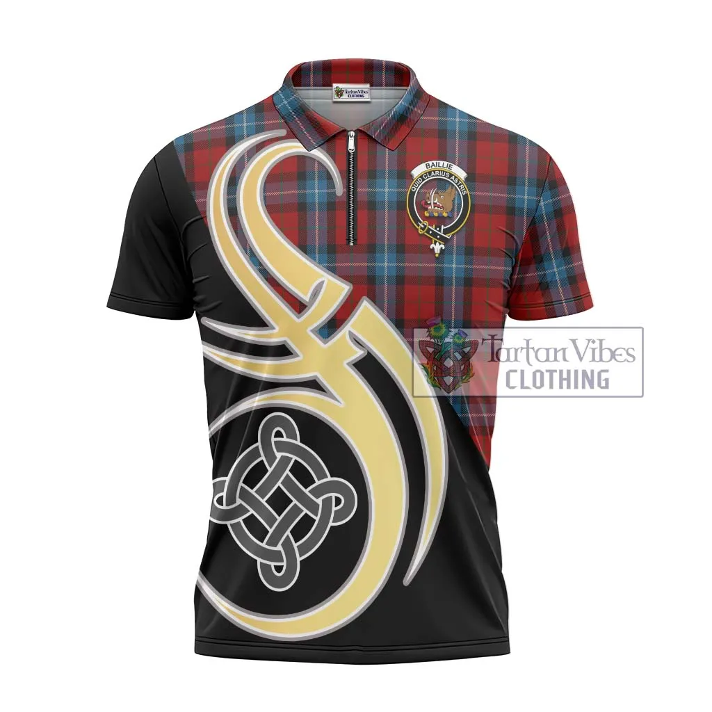 Baillie of Polkemmet Red Tartan Zipper Polo Shirt with Family Crest and Celtic Symbol Style