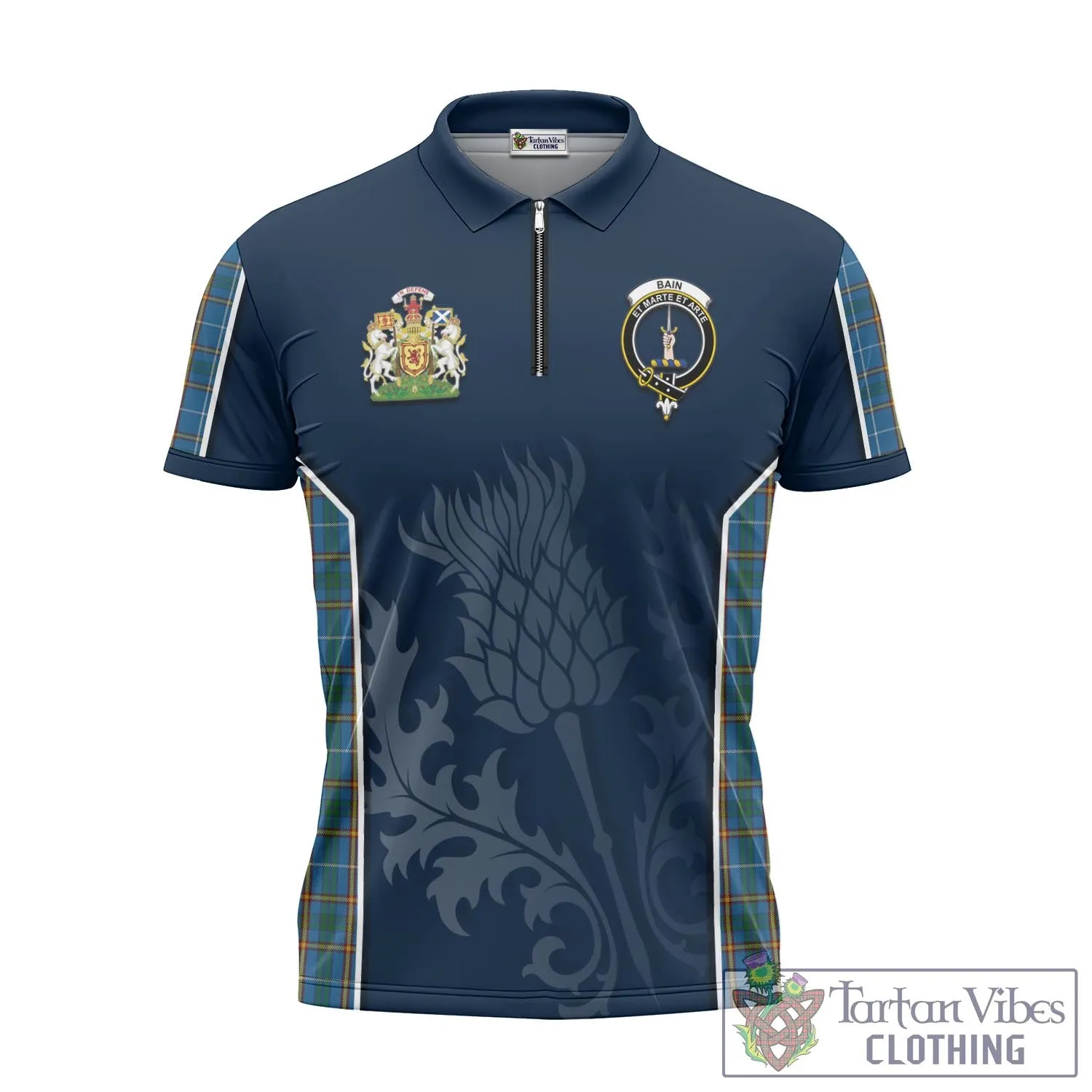 Bain Tartan Zipper Polo Shirt with Family Crest and Scottish Thistle Vibes Sport Style