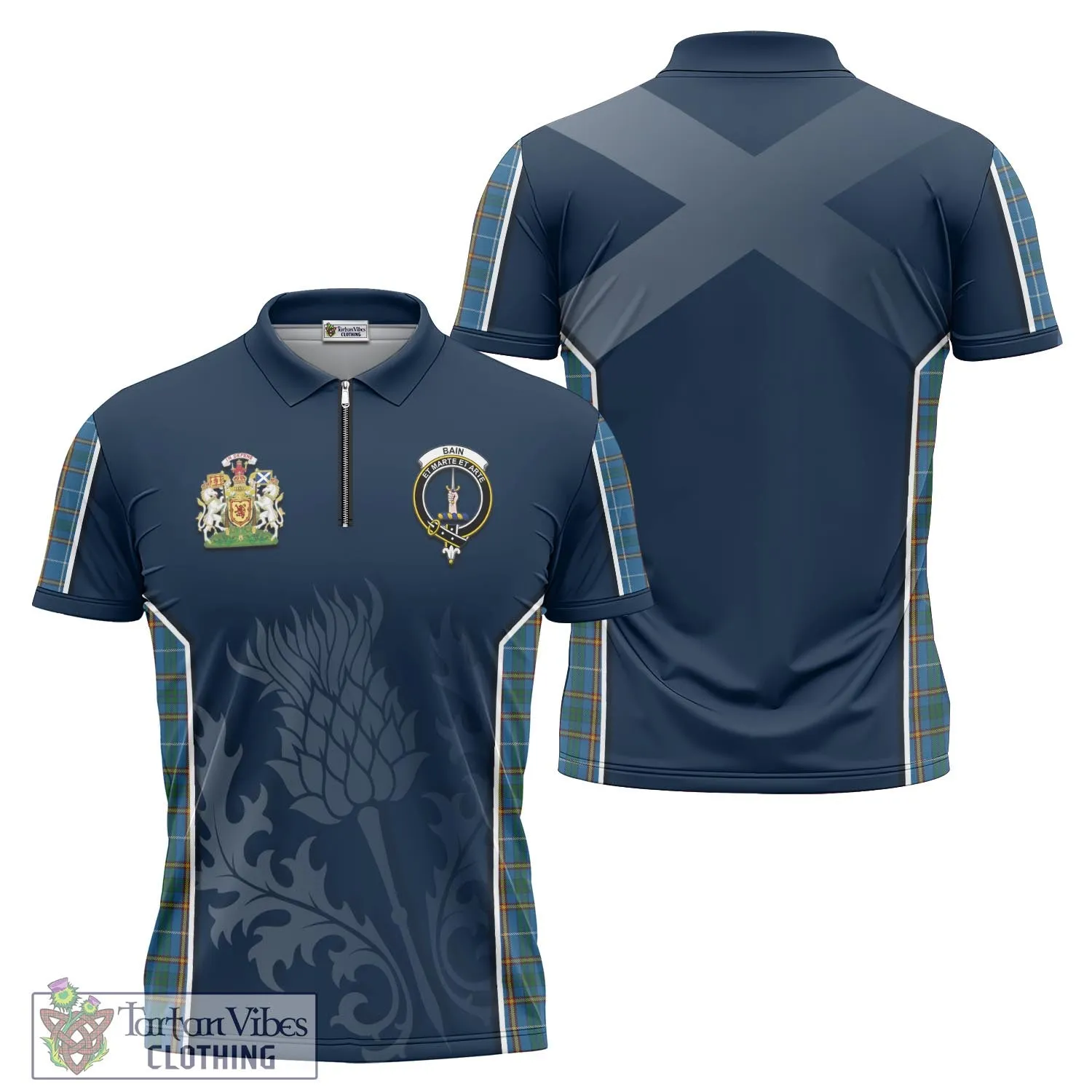 Bain Tartan Zipper Polo Shirt with Family Crest and Scottish Thistle Vibes Sport Style