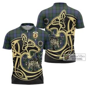 Baird Tartan Zipper Polo Shirt with Family Crest Celtic Wolf Style