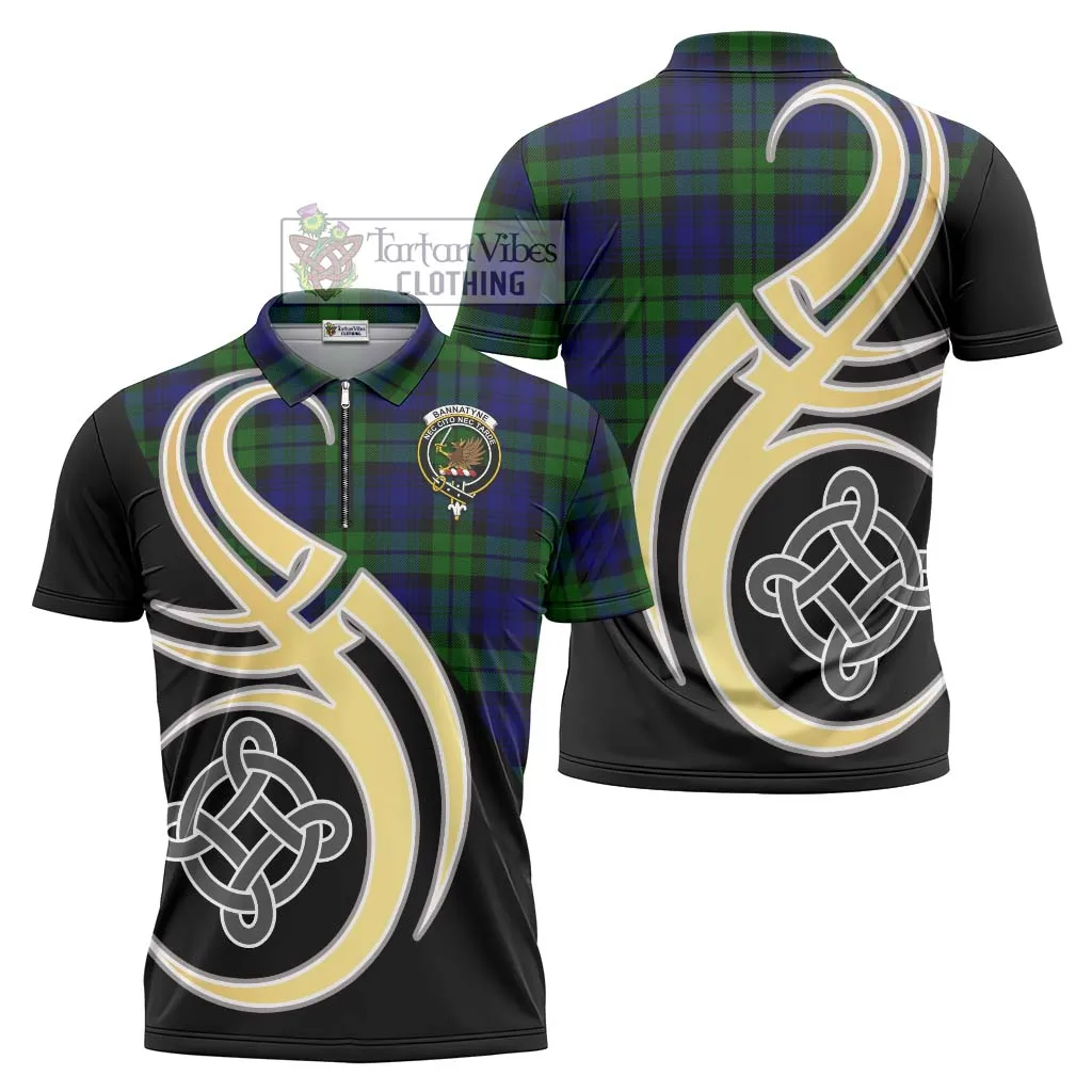 Bannatyne Tartan Zipper Polo Shirt with Family Crest and Celtic Symbol Style