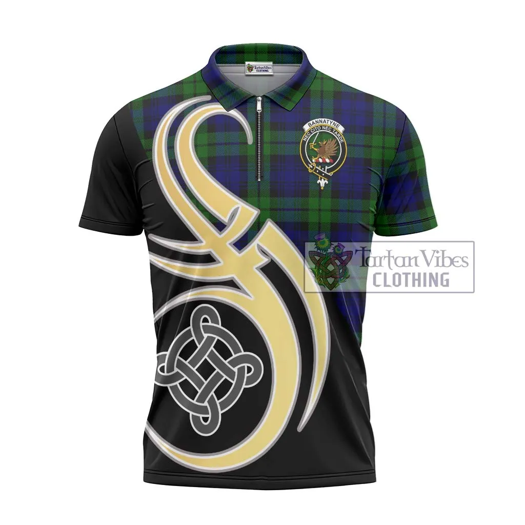 Bannatyne Tartan Zipper Polo Shirt with Family Crest and Celtic Symbol Style