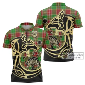 Baxter Modern Tartan Zipper Polo Shirt with Family Crest Celtic Wolf Style