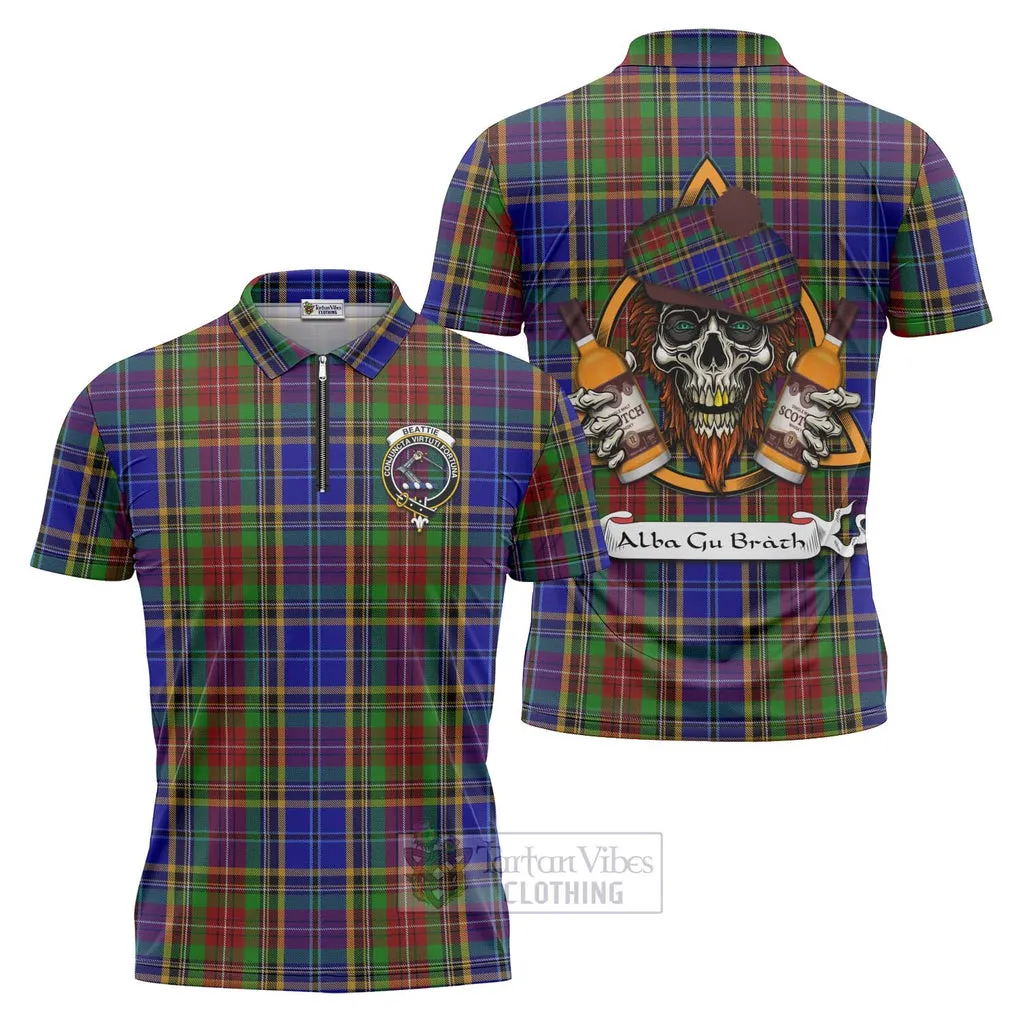 Beattie (Beatty) Tartan Zipper Polo Shirt with Family Crest and Bearded Skull Holding Bottles of Whiskey