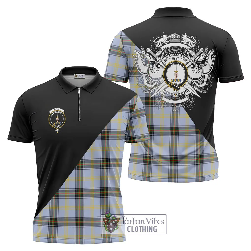 Bell of the Borders Tartan Zipper Polo Shirt with Family Crest and Military Logo Style