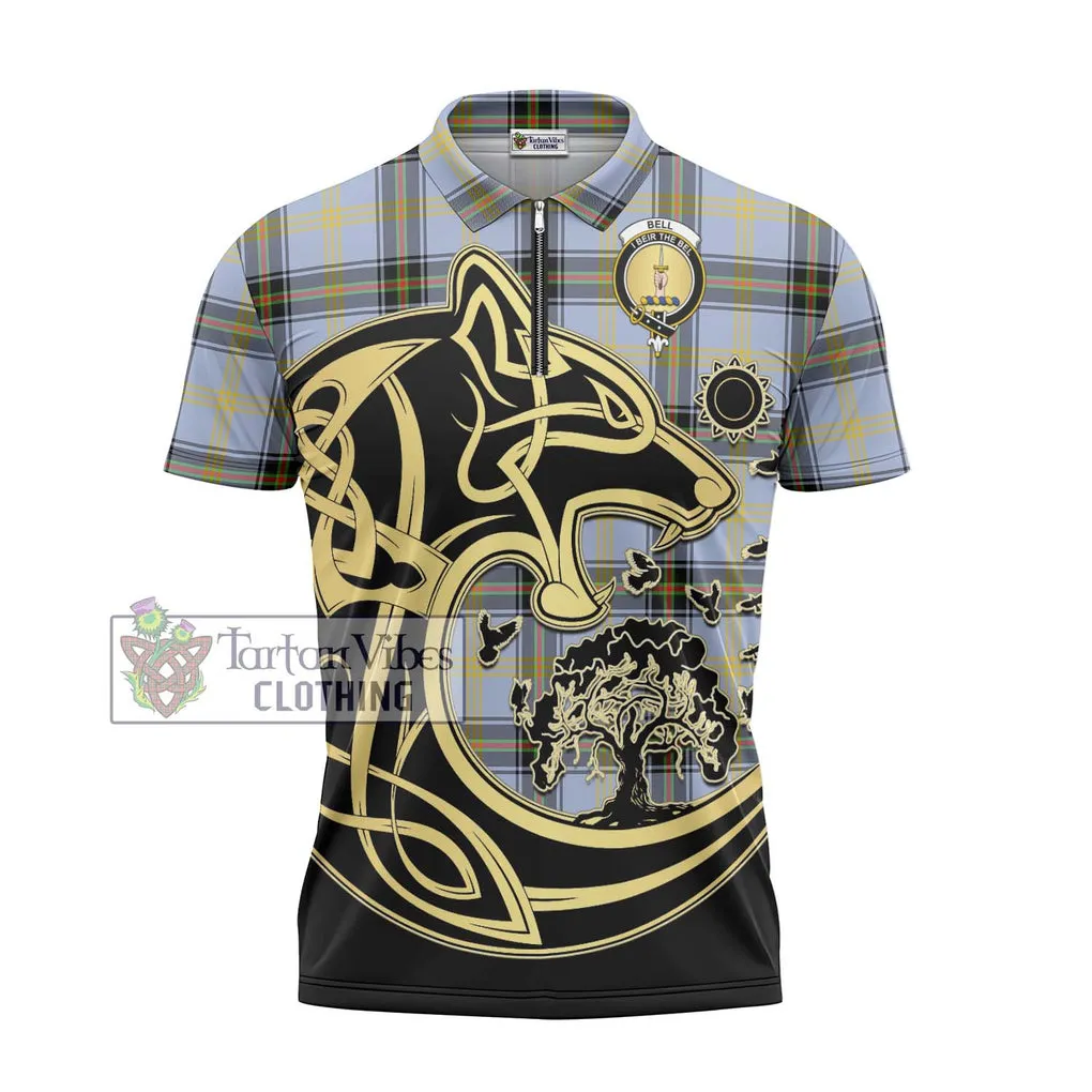 Bell of the Borders Tartan Zipper Polo Shirt with Family Crest Celtic Wolf Style