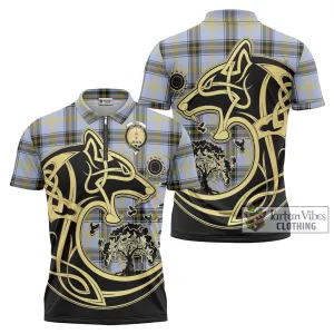 Bell of the Borders Tartan Zipper Polo Shirt with Family Crest Celtic Wolf Style