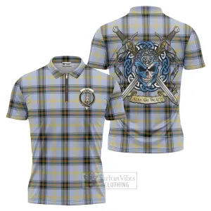 Bell Tartan Zipper Polo Shirt with Family Crest Celtic Skull Style