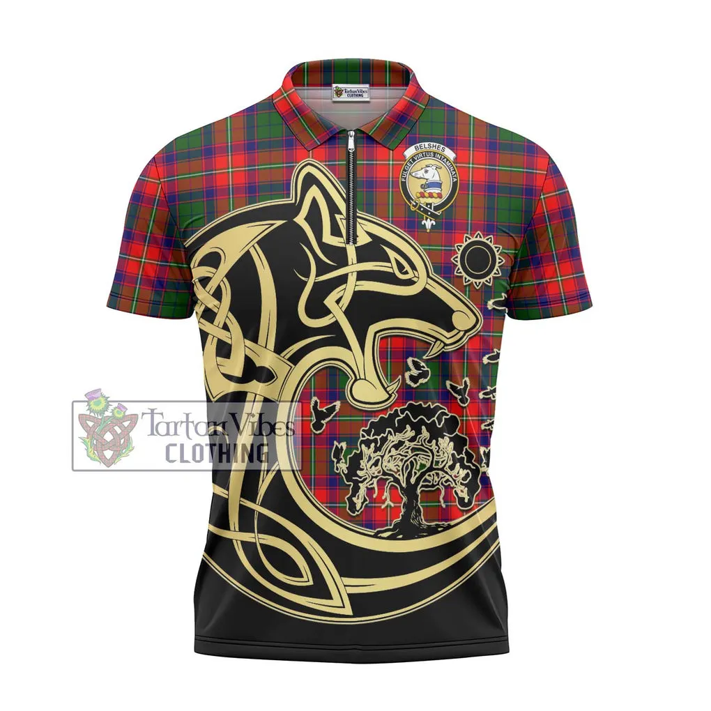 Belshes Tartan Zipper Polo Shirt with Family Crest Celtic Wolf Style