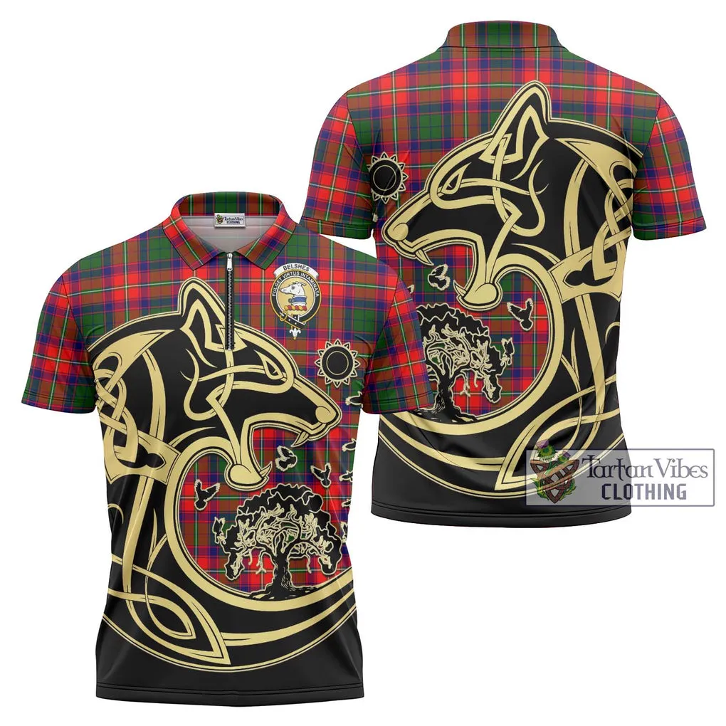 Belshes Tartan Zipper Polo Shirt with Family Crest Celtic Wolf Style