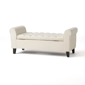 Berggren Contemporary Rolled Arm Velvet Storage Ottoman Bench, Ivory and Dark Brown