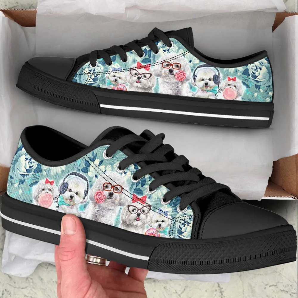 Bichon Dog Flowers Pattern Turquoise Low Top Shoes Canvas Sneakers, Dog Printed Shoes, Canvas Shoes For Men, Women