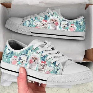 Bichon Dog Flowers Pattern Turquoise Low Top Shoes Canvas Sneakers, Dog Printed Shoes, Canvas Shoes For Men, Women