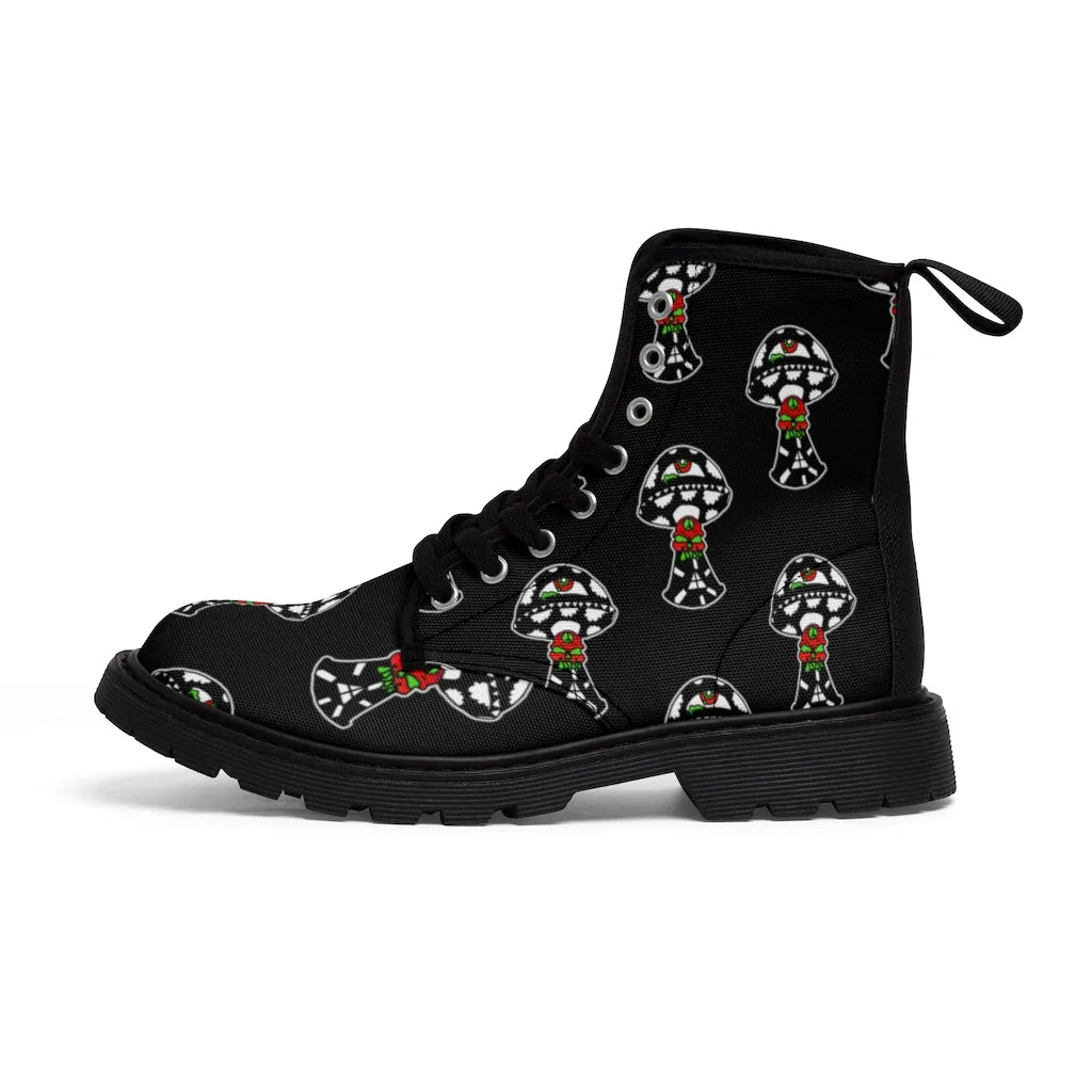 Black and White Skull Shroom Women's Canvas Boots