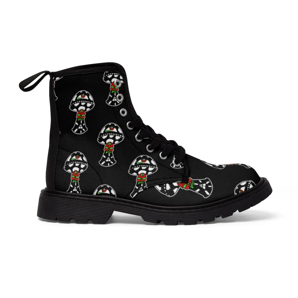 Black and White Skull Shroom Women's Canvas Boots