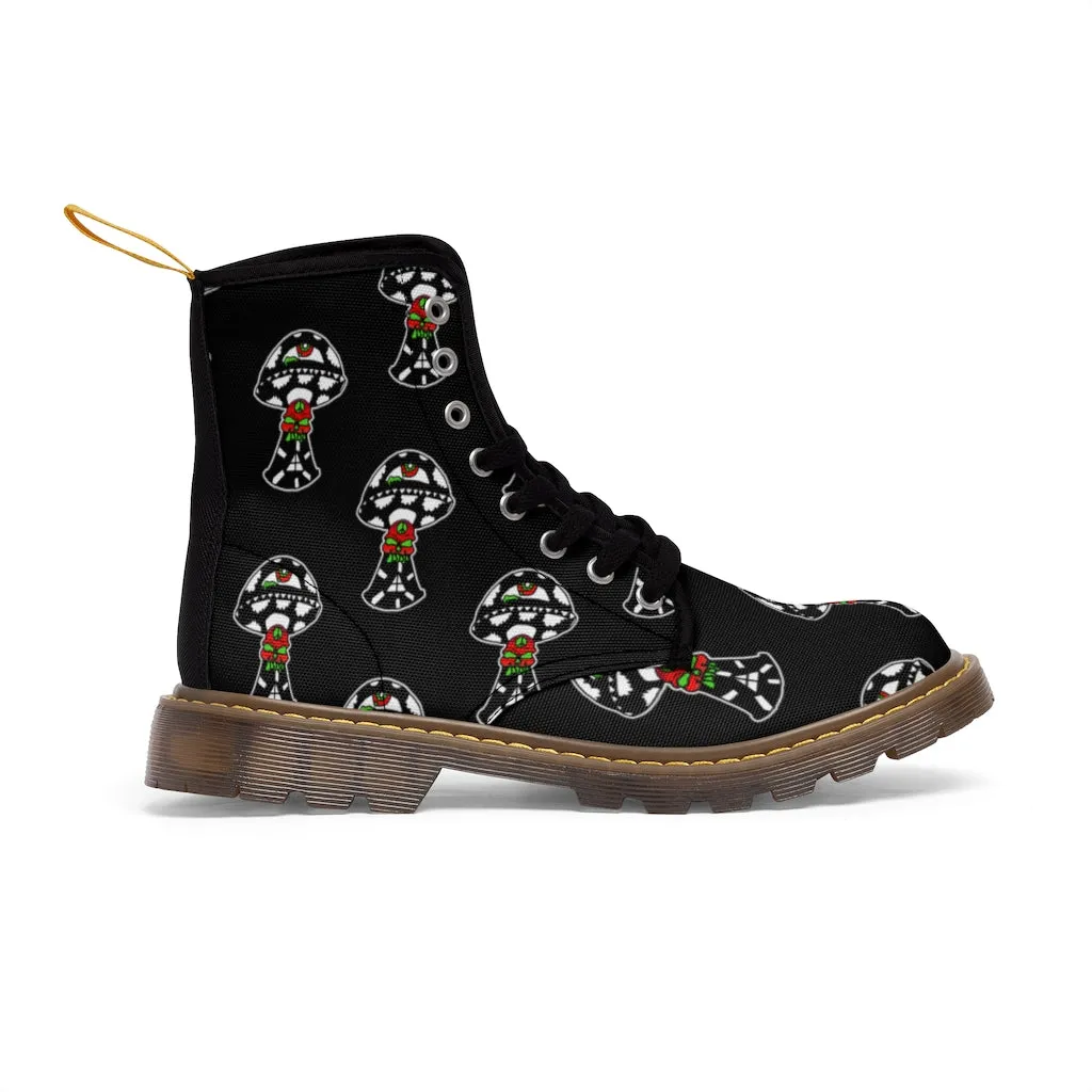 Black and White Skull Shroom Women's Canvas Boots