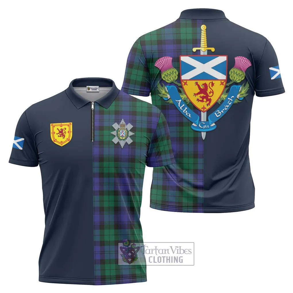 Black Watch Modern Tartan Zipper Polo Shirt Alba with Scottish Lion Royal Arm Half Style