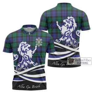 Black Watch Modern Tartan Zipper Polo Shirt with Alba Gu Brath Regal Lion Emblem