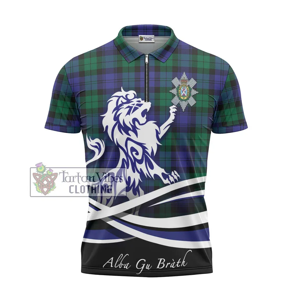 Black Watch Modern Tartan Zipper Polo Shirt with Alba Gu Brath Regal Lion Emblem