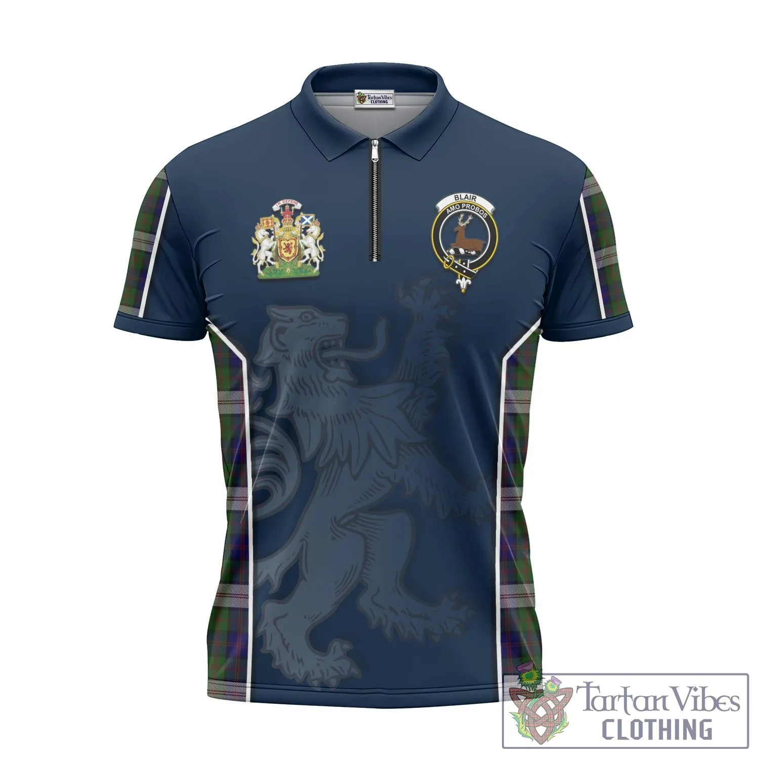 Blair Dress Tartan Zipper Polo Shirt with Family Crest and Lion Rampant Vibes Sport Style